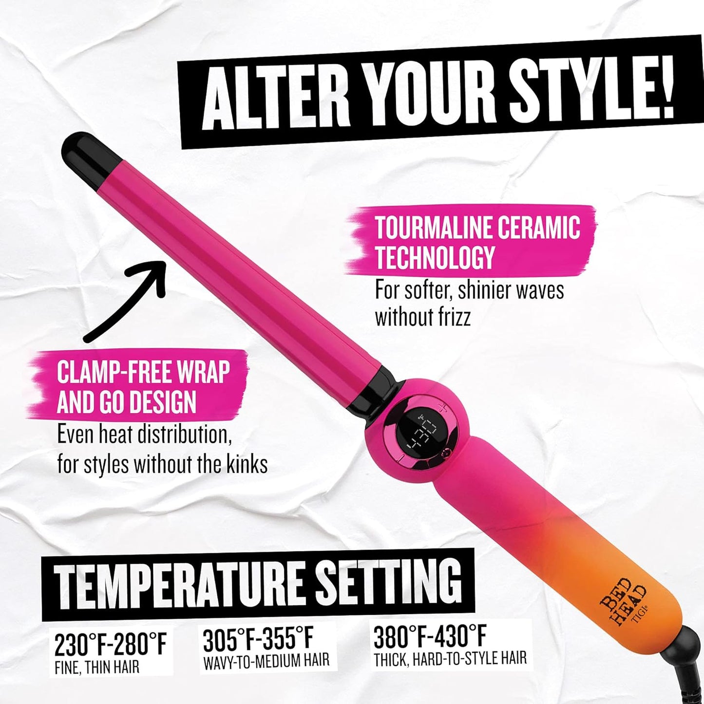 Bed Head Rock N' Waver Digital Tapered Curling Wand | Natural-Looking, Textured Waves, (3/4-1 in)