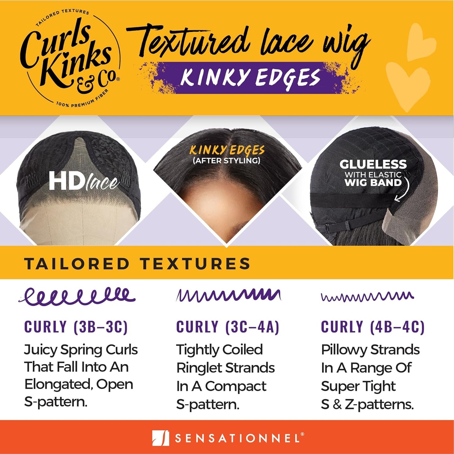 Sensationnel Curls Kinksandco Kinkyedges Wig - Kinky Wand Curl 20 Inch Y Part Lace Natural Kinkytexture Edged Hairline for Natural 3C to 4C Hair Textures (1 JETBLACK)