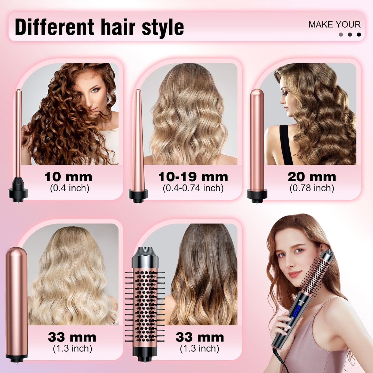 Bo'laiya 5 in 1 Curling Wand Set with Curling Brush and Temperature Display, 4 Interchangeable Ceramic Curling Wand(0.4'' - 1.3'') and Heat Protective Glove & 2 Clips -Rose Gold