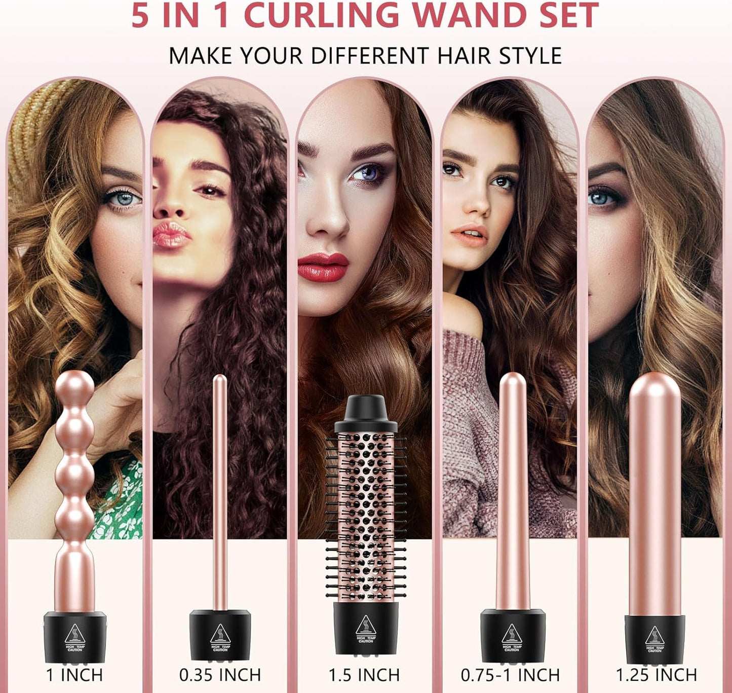 Curling Iron Set, O'bella 5 in 1 Curling Wand Set with Thermal Brush&4 Interchangeable Ceramic Curling Wand(0.35”-1.25”), 2 Temps Instantly Heating Hair Wand Curler