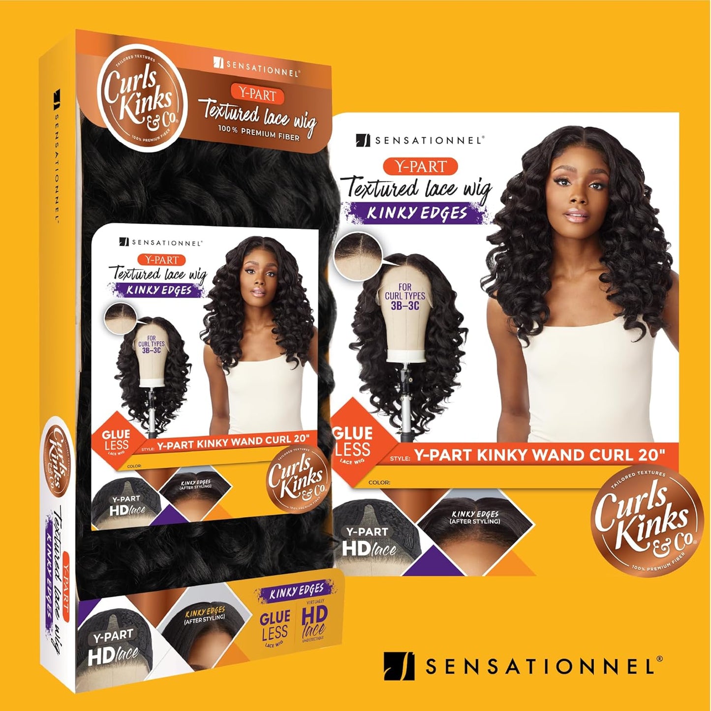 Sensationnel Curls Kinksandco Kinkyedges Wig - Kinky Wand Curl 20 Inch Y Part Lace Natural Kinkytexture Edged Hairline for Natural 3C to 4C Hair Textures (1 JETBLACK)