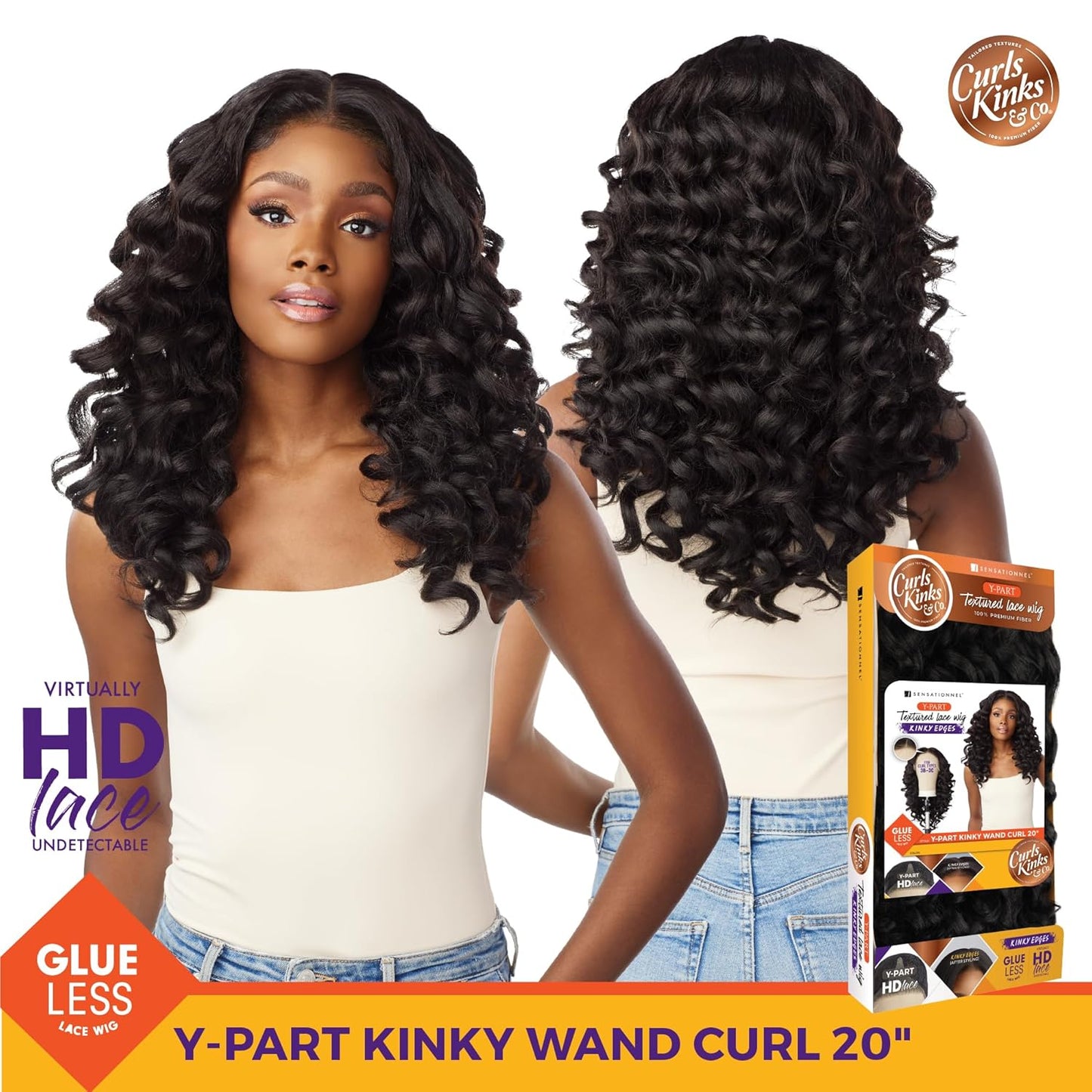 Sensationnel Curls Kinksandco Kinkyedges Wig - Kinky Wand Curl 20 Inch Y Part Lace Natural Kinkytexture Edged Hairline for Natural 3C to 4C Hair Textures (1 JETBLACK)