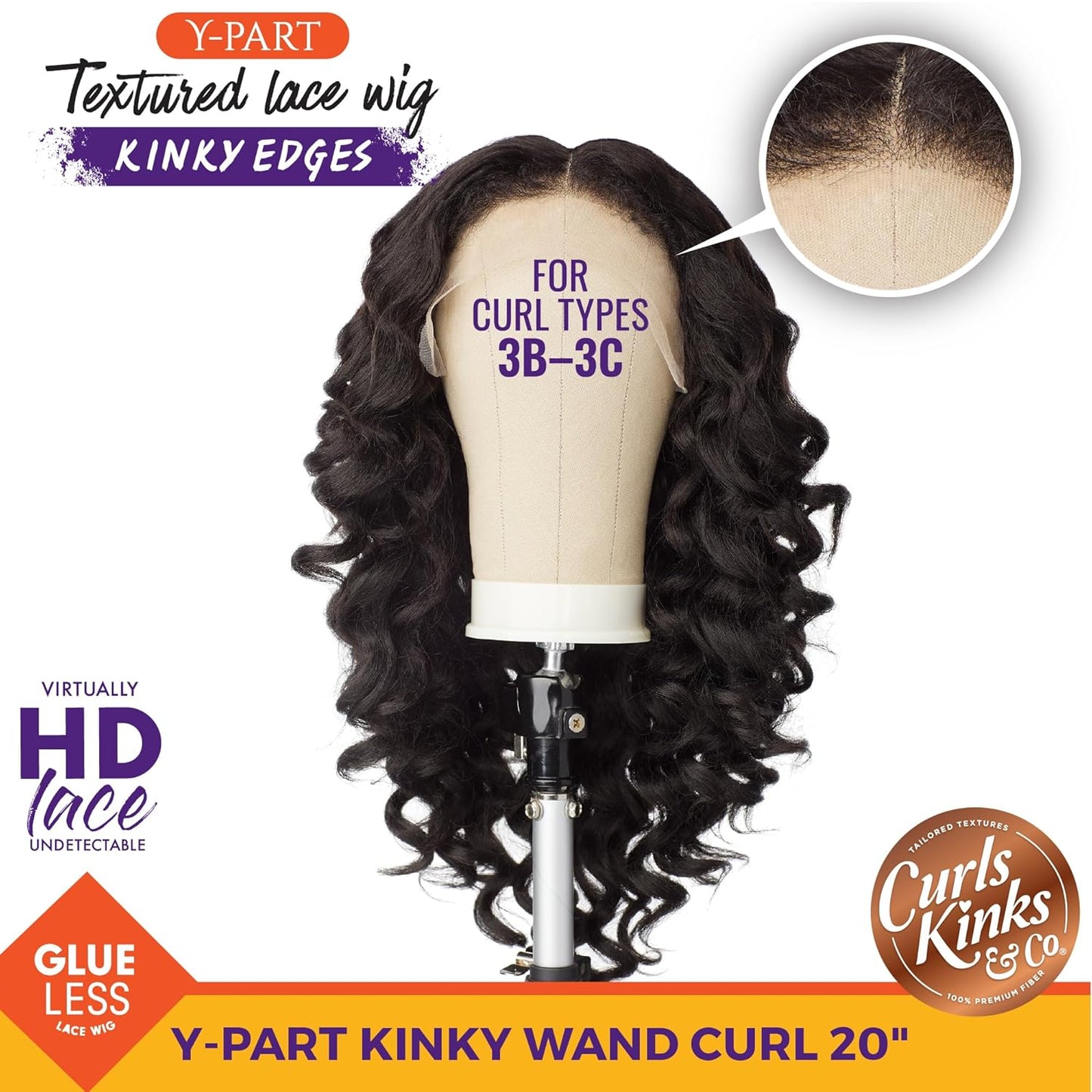 Sensationnel Curls Kinksandco Kinkyedges Wig - Kinky Wand Curl 20 Inch Y Part Lace Natural Kinkytexture Edged Hairline for Natural 3C to 4C Hair Textures (1 JETBLACK)