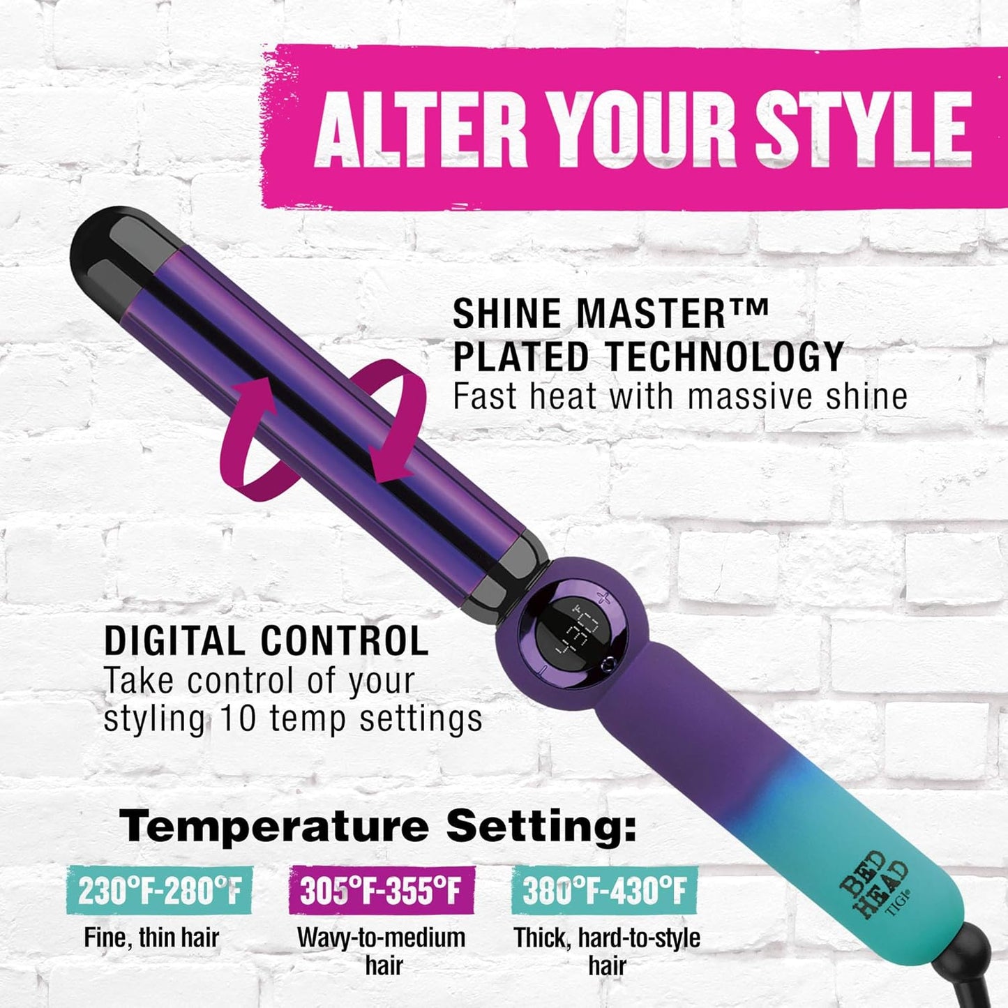 Bed Head Rough Volume Digital Hair Curling Wand | Fast Heat Up and Massive Shine, (1-1/4 in)